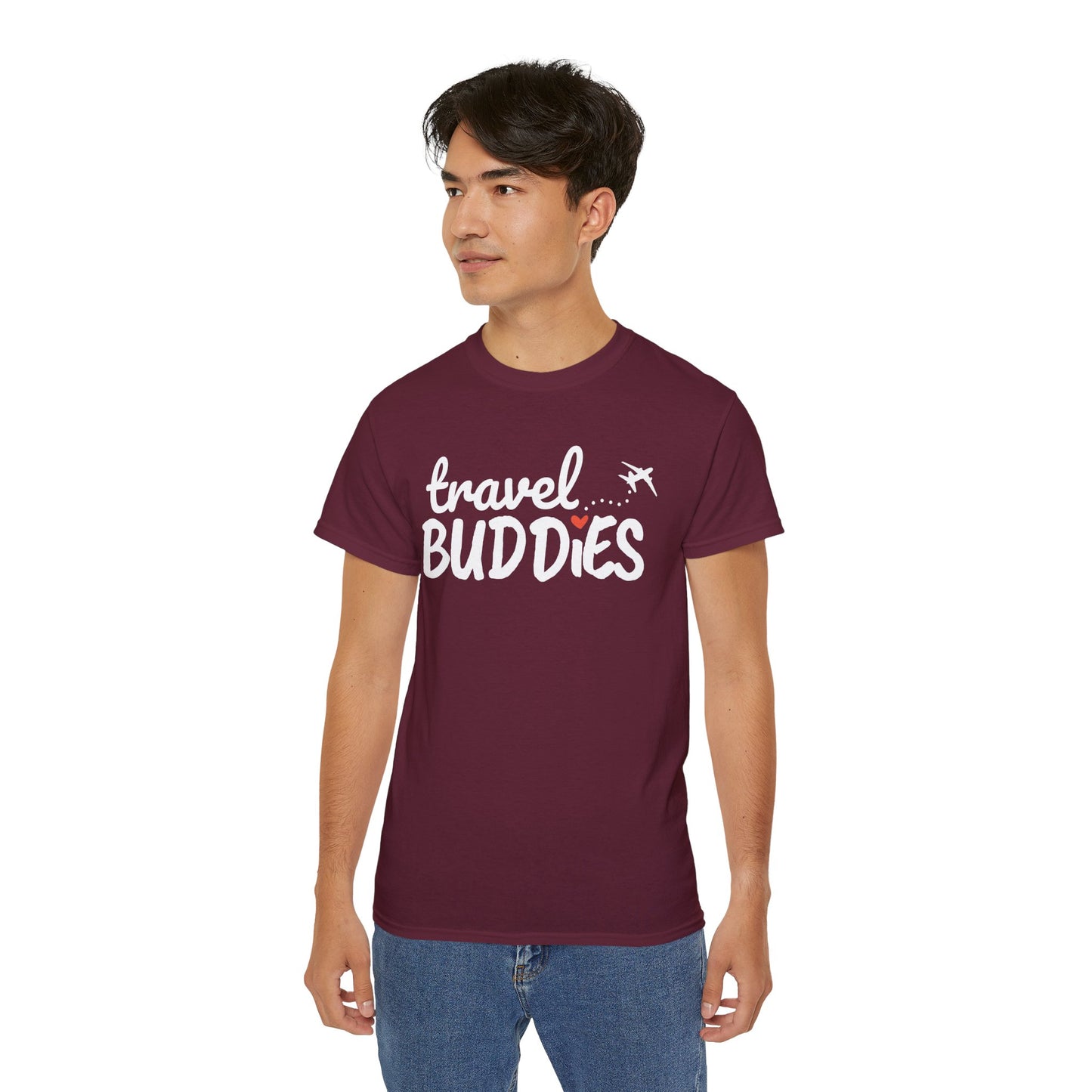 Travel Buddies T-Shirt – Dark Colored Unisex Tee with Heart Trail
