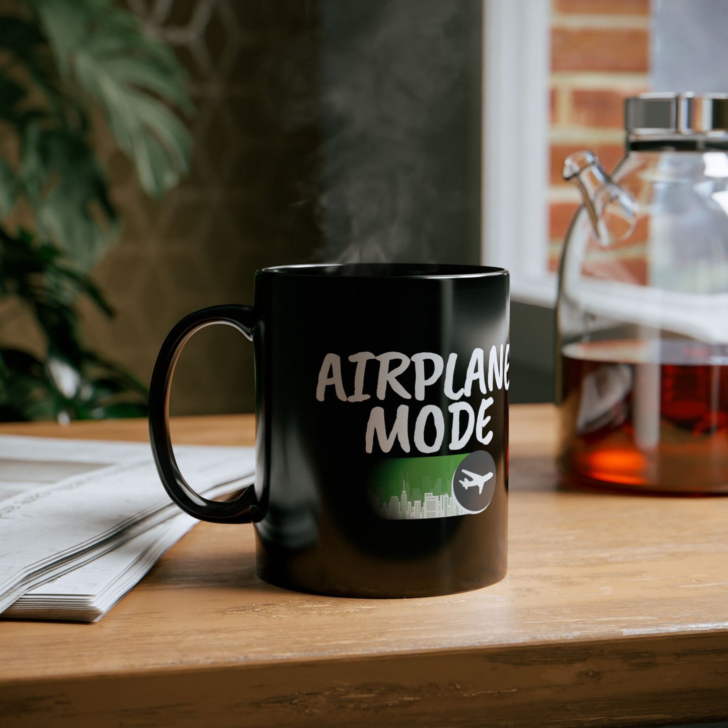 Airplane Mode Mug – Silhouette Skyline Design (Black)