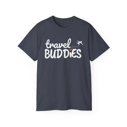 Travel Buddies T-Shirt – Dark Colored Unisex Tee with Heart Trail