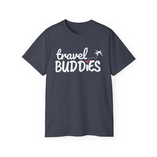 Travel Buddies T-Shirt – Dark Colored Unisex Tee with Heart Trail