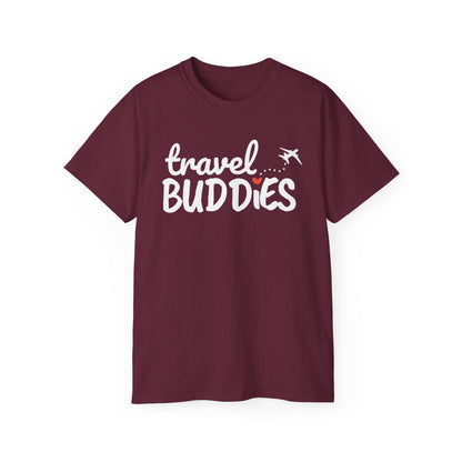 Travel Buddies T-Shirt – Dark Colored Unisex Tee with Heart Trail